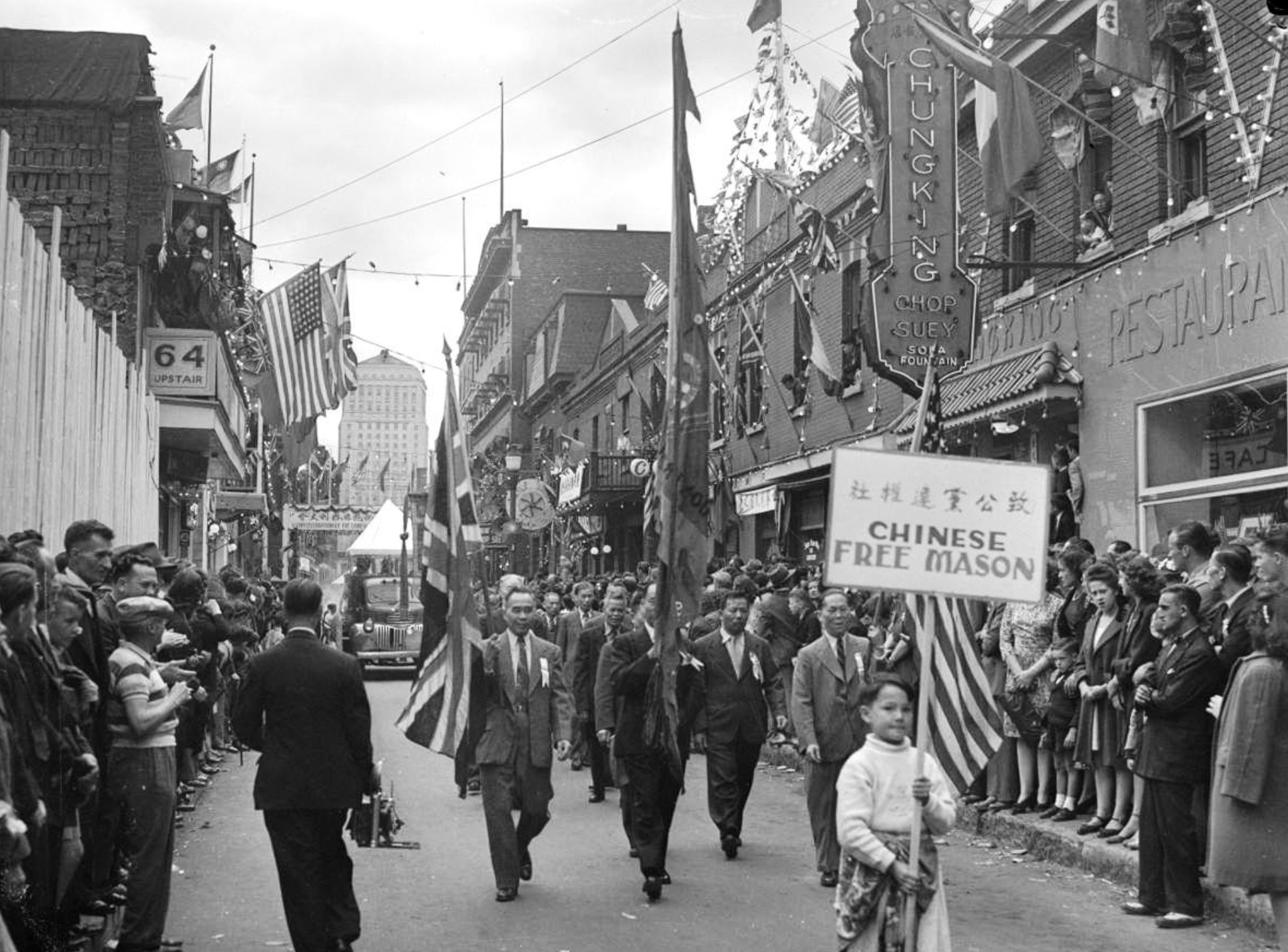 Montreal's Chinese community celebrates V-J Day with a parade in Chinatown. 